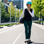 A professional woman in a modest business casual outfit, wearing a helmet, confidently riding a compact longboard on a wide, clean city sidewalk. She carries a stylish, professional messenger bag. The background showcases modern, sustainable urban architecture and a blurred city park, suggesting a green commute. The atmosphere is serene and efficient, highlighting urban agility. Perfect anatomy, correct proportions, natural pose, well-formed hands, proper finger count, natural body proportions. Safe for work, appropriate content, fully clothed, professional dress, family-friendly, high-quality, ultra-detailed, photorealistic.