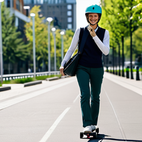 Home 4 A professional woman in a modest business casual outfit, wearing a helmet, confidently riding a compact longboard on a wide, clean city sidewalk. She carries a stylish, professional messenger bag. The background showcases modern, sustainable urban architecture and a blurred city park, suggesting a green commute. The atmosphere is serene and efficient, highlighting urban agility. Perfect anatomy, correct proportions, natural pose, well-formed hands, proper finger count, natural body proportions. Safe for work, appropriate content, fully clothed, professional dress, family-friendly, high-quality, ultra-detailed, photorealistic.