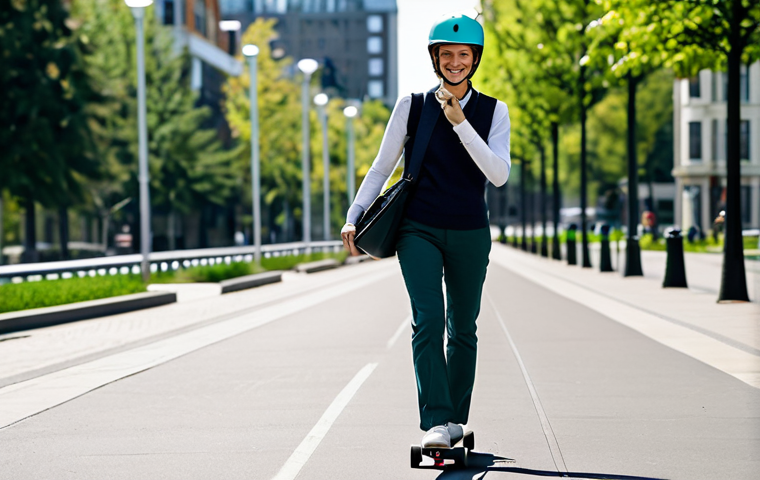 A professional woman in a modest business casual outfit, wearing a helmet, confidently riding a compact longboard on a wide, clean city sidewalk. She carries a stylish, professional messenger bag. The background showcases modern, sustainable urban architecture and a blurred city park, suggesting a green commute. The atmosphere is serene and efficient, highlighting urban agility. Perfect anatomy, correct proportions, natural pose, well-formed hands, proper finger count, natural body proportions. Safe for work, appropriate content, fully clothed, professional dress, family-friendly, high-quality, ultra-detailed, photorealistic.