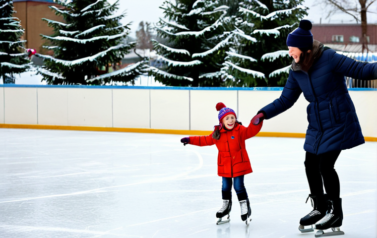 Amateur Ice Skating**
"A family-friendly scene at an outdoor ice rink. A fully clothed woman wearing a warm winter coat and hat is helping a child, also in appropriate winter attire, learn to skate. Other skaters, all fully clothed in colorful, modest winter clothing, are enjoying themselves in the background. The rink is surrounded by snowy trees and festive decorations. Safe for work, appropriate content, perfect anatomy, natural proportions, high quality, professional, modest, well-formed hands, proper finger count, natural body proportions."
**