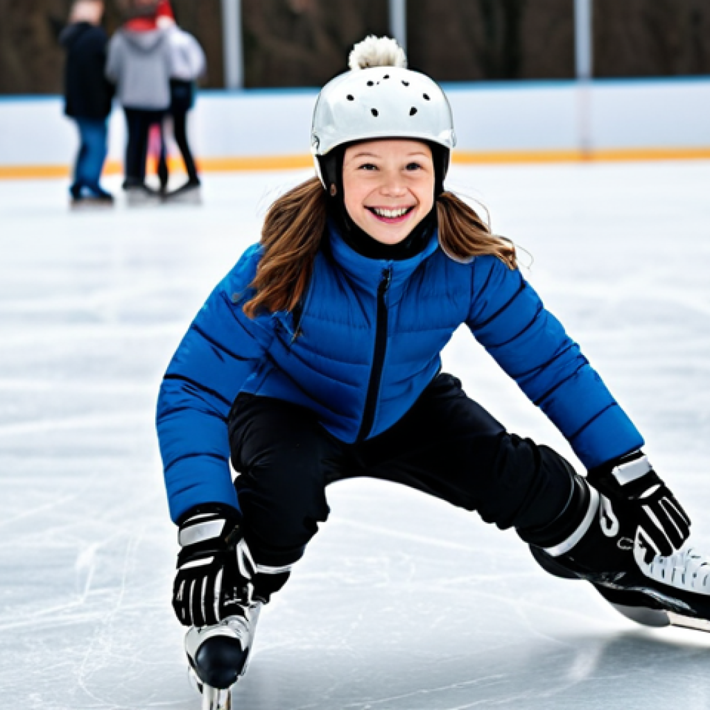 "A beginner ice skater, fully clothed in warm winter attire, including a hat and gloves, slightly unsteady on the ice but smiling, wearing recreational skates and full protective gear (helmet, knee pads, elbow pads), safe for work, appropriate content, perfect anatomy, natural pose, family-friendly, on an outdoor ice rink with other skaters in the background."