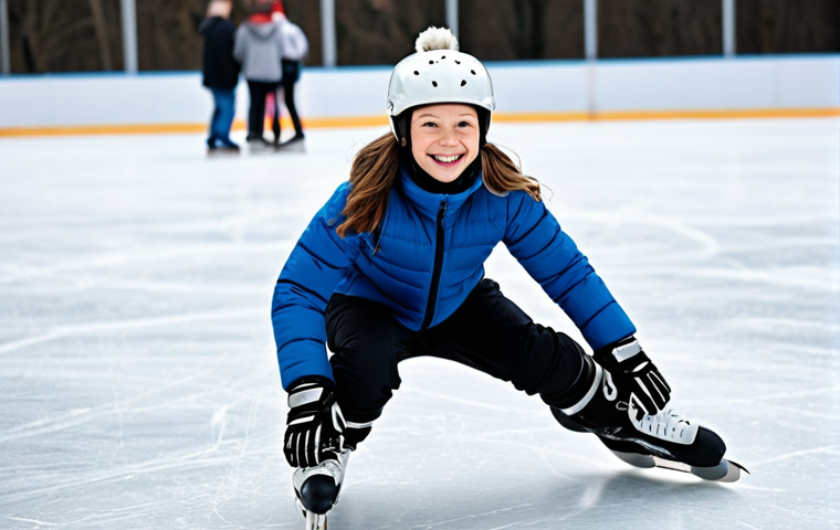"A beginner ice skater, fully clothed in warm winter attire, including a hat and gloves, slightly unsteady on the ice but smiling, wearing recreational skates and full protective gear (helmet, knee pads, elbow pads), safe for work, appropriate content, perfect anatomy, natural pose, family-friendly, on an outdoor ice rink with other skaters in the background."