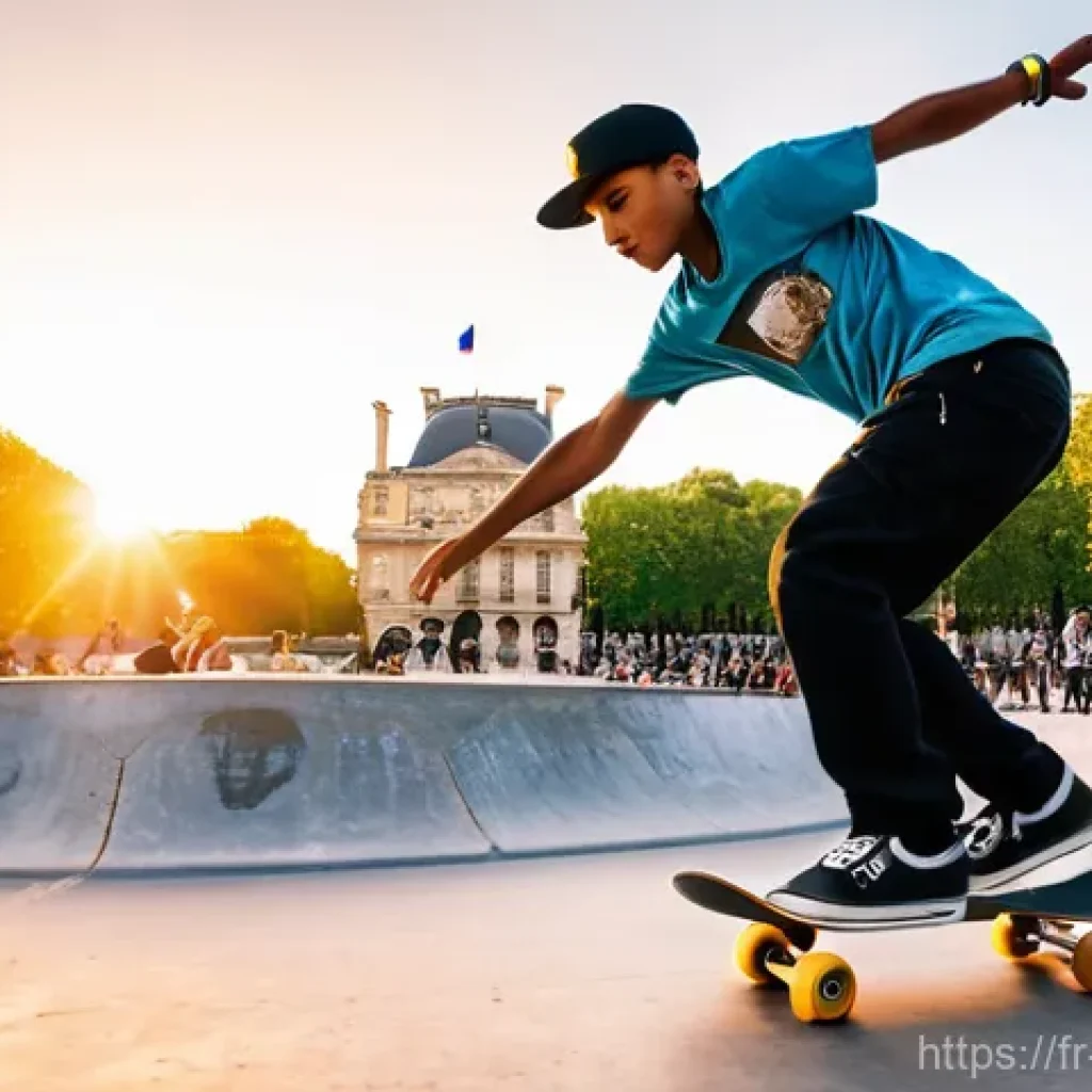 스케이트 경험담 공유 - **Prompt:** A dynamic, wide-angle shot of a young, energetic skateboarder, dressed in stylish but mo...