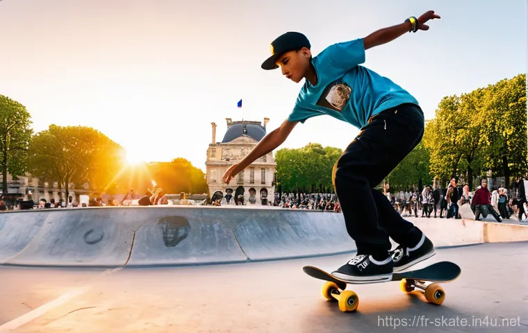 스케이트 경험담 공유 - **Prompt:** A dynamic, wide-angle shot of a young, energetic skateboarder, dressed in stylish but mo...