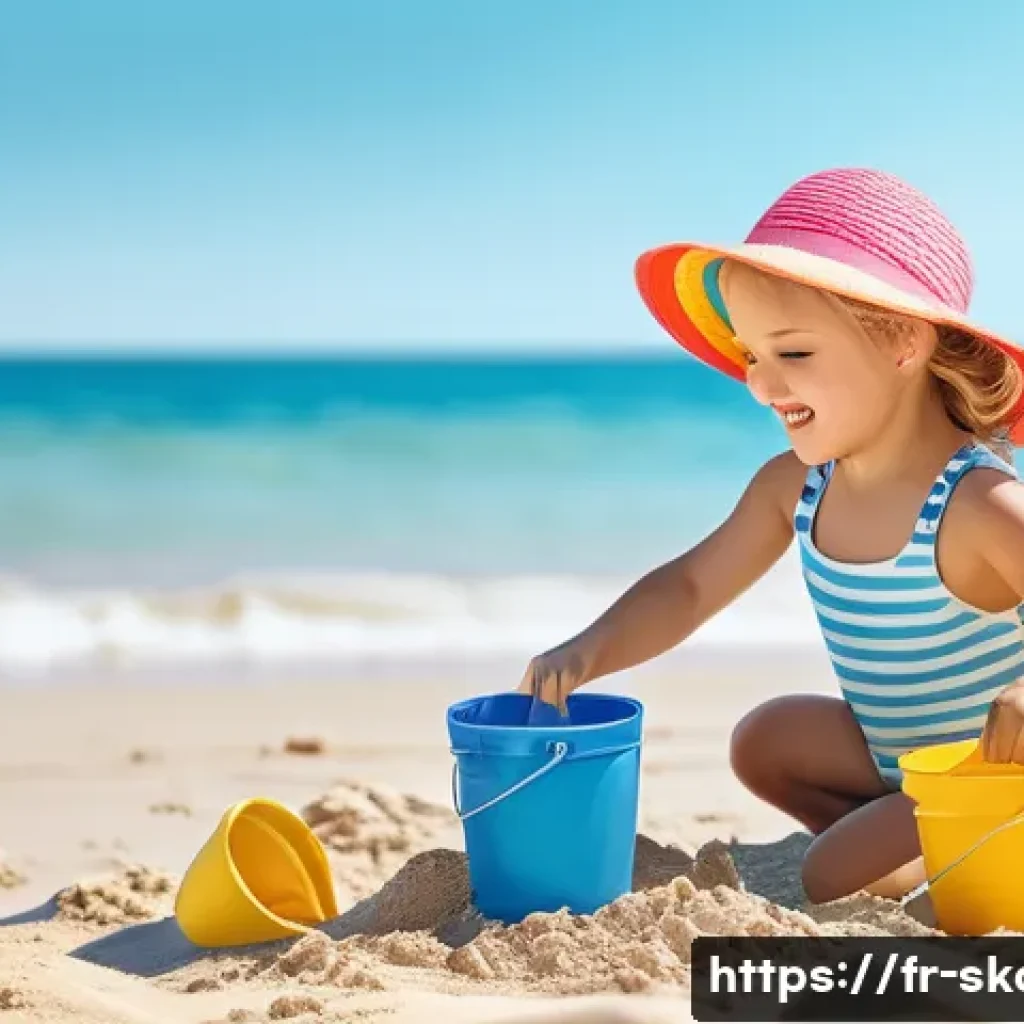 스케이트 선택 요령 - **A young girl (age 7) wearing a cute, pastel-colored swimsuit with a playful print, building a sand...