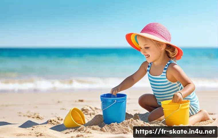 스케이트 선택 요령 - **A young girl (age 7) wearing a cute, pastel-colored swimsuit with a playful print, building a sand...