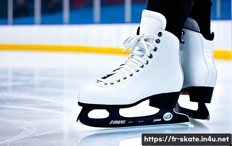 스케이트 신발 끈 묶는 법 - A close-up view of a professional ice skate boot being laced with precision on an adult’s foot, show...