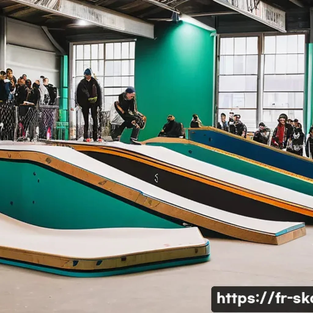 스케이트 관련 박람회 - A bustling indoor skate expo in Paris, featuring a large exhibition hall filled with colorful skateb...