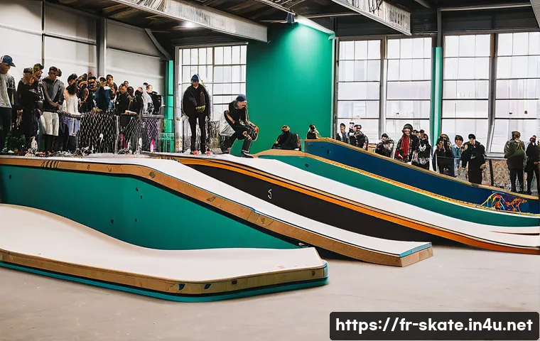 스케이트 관련 박람회 - A bustling indoor skate expo in Paris, featuring a large exhibition hall filled with colorful skateb...