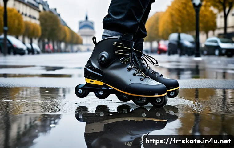 스케이트 우천 시 주의점 - A close-up scene of a person rollerblading on a wet urban concrete path during light rain in Paris, ...