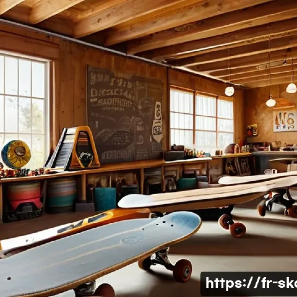 스케이트 브랜드 역사 - A vintage 1950s skateboard workshop scene, featuring handcrafted wooden skateboards made from reclai...