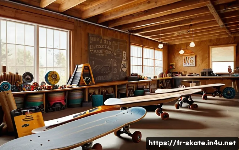 스케이트 브랜드 역사 - A vintage 1950s skateboard workshop scene, featuring handcrafted wooden skateboards made from reclai...