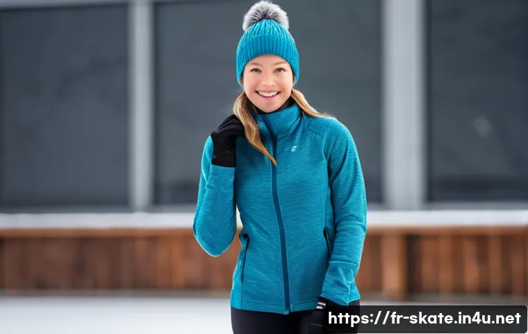 스케이트 복장 추천 - A stylish female figure skater dressed in a fitted merino wool base layer and a lightweight fleece m...