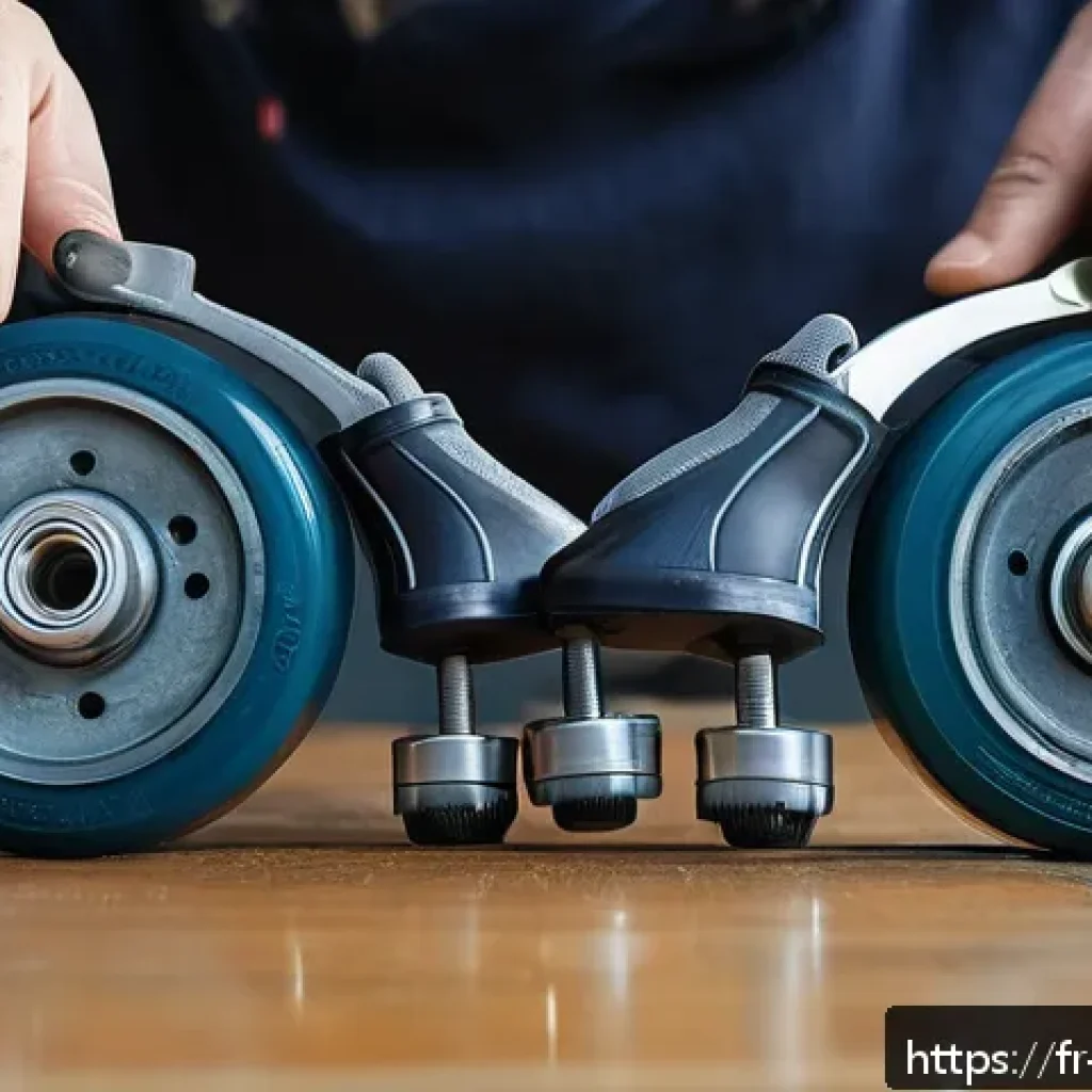 스케이트 DIY 수리 방법 - A detailed close-up of roller skate wheels and bearings being disassembled for cleaning, showing han...
