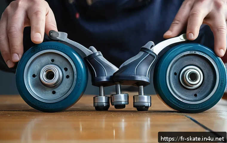 스케이트 DIY 수리 방법 - A detailed close-up of roller skate wheels and bearings being disassembled for cleaning, showing han...