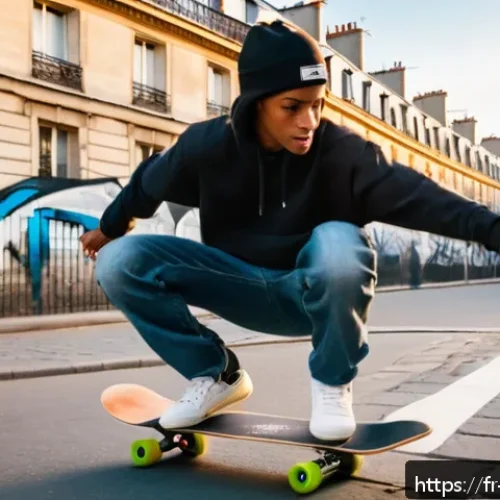 스케이트 팟캐스트 추천 - A dynamic urban street skateboarding scene in Paris during golden hour, featuring a young profession...