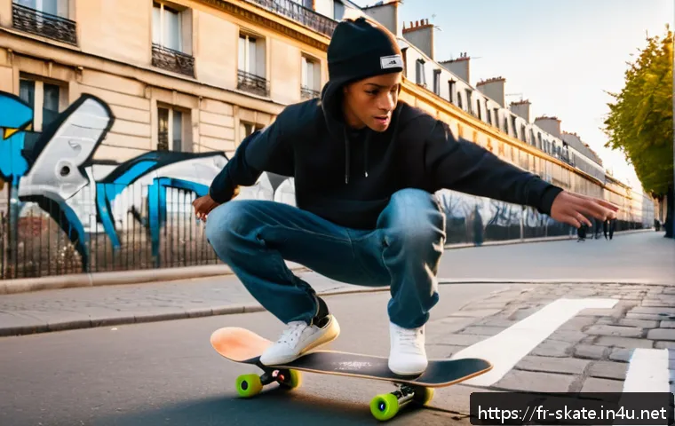 스케이트 팟캐스트 추천 - A dynamic urban street skateboarding scene in Paris during golden hour, featuring a young profession...