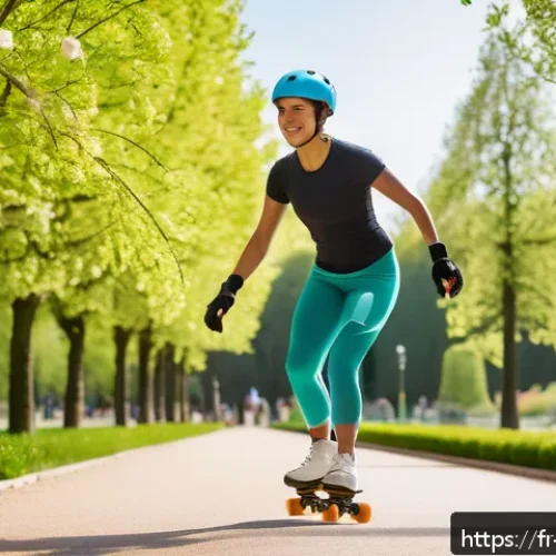 스케이트와 건강관리 - A young adult woman roller skating in a vibrant urban park in France during spring, wearing comforta...