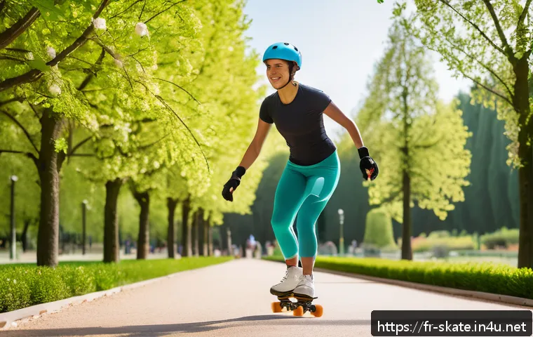 스케이트와 건강관리 - A young adult woman roller skating in a vibrant urban park in France during spring, wearing comforta...