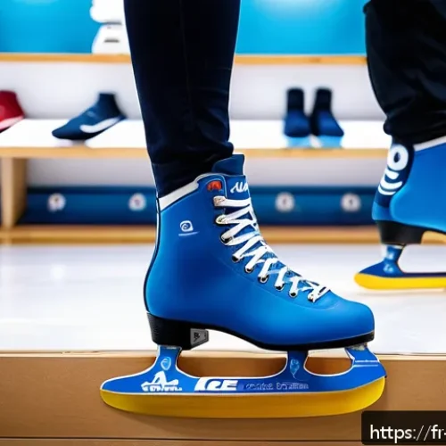 스케이트 피팅 서비스 - A detailed close-up view of a professional ice skating fitting session in a modern French sports sto...