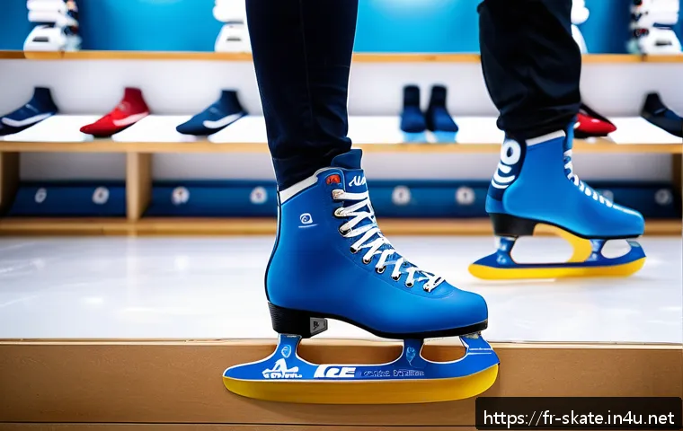 스케이트 피팅 서비스 - A detailed close-up view of a professional ice skating fitting session in a modern French sports sto...