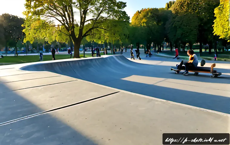 스케이트에 적합한 공원 - Photorealistic wide view of a smooth urban park skate area in a French city, clean concrete paths, g...