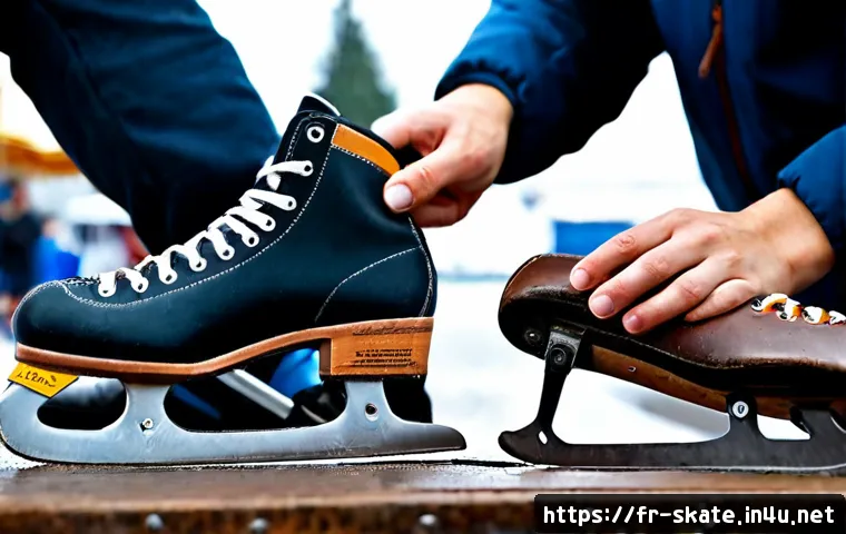 중고 스케이트 구입 팁 - Photorealistic close-up of a shopper carefully inspecting a pair of used ice skates at a tidy French...