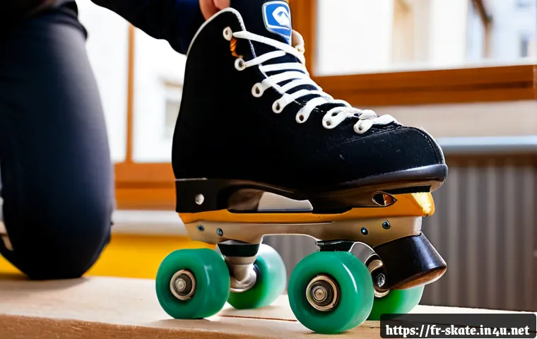 스케이트 텐션 조절 - Photorealistic close-up of a French recreational roller skate on a clean wooden workbench, adult han...