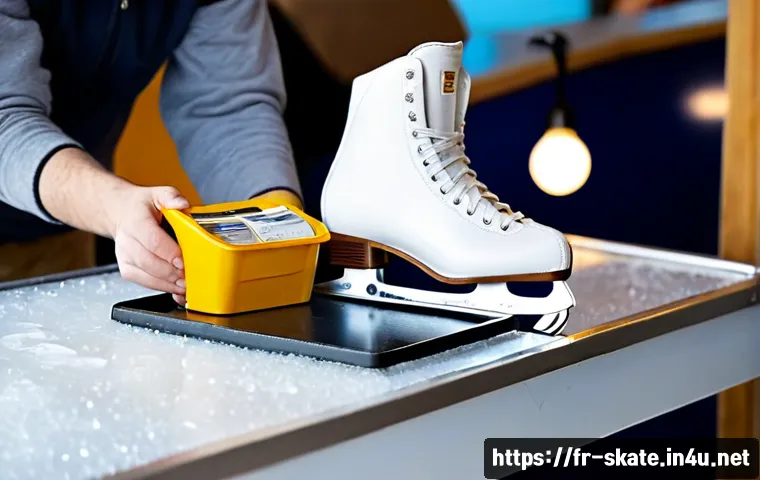 Home 17 스케이트 대여비용 - Photorealistic French ice rink rental counter, friendly adult customer receiving white ice skates fr...